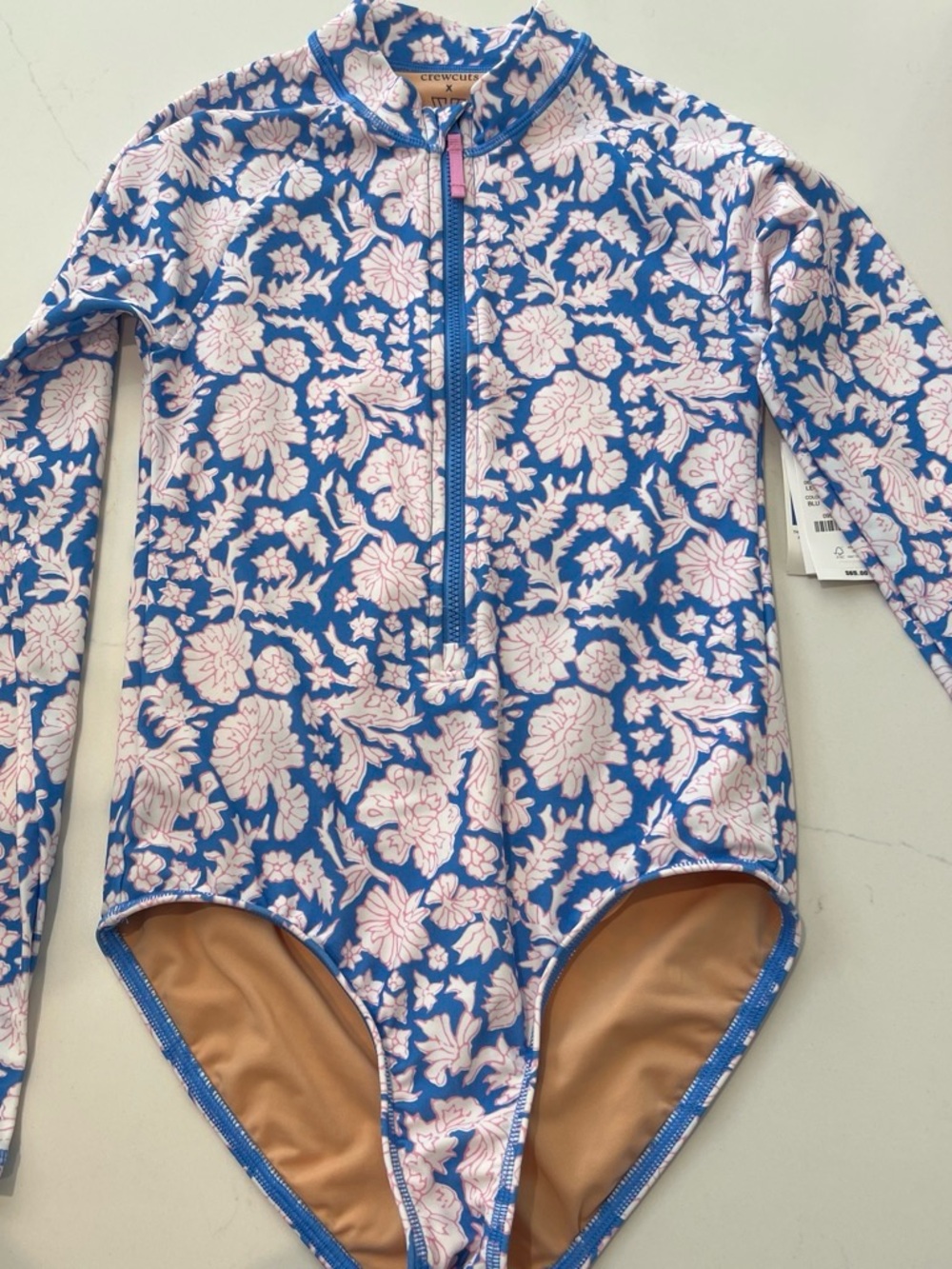 Crewcuts Blue and Light Pink Floral Long-Sleeve One-Piece-swim